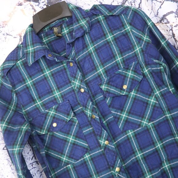 SNAP FRONT FLANNEL S Forever 21 Blue Green Plaid Fall Utility Outdoors Jacket - Picture 1 of 8